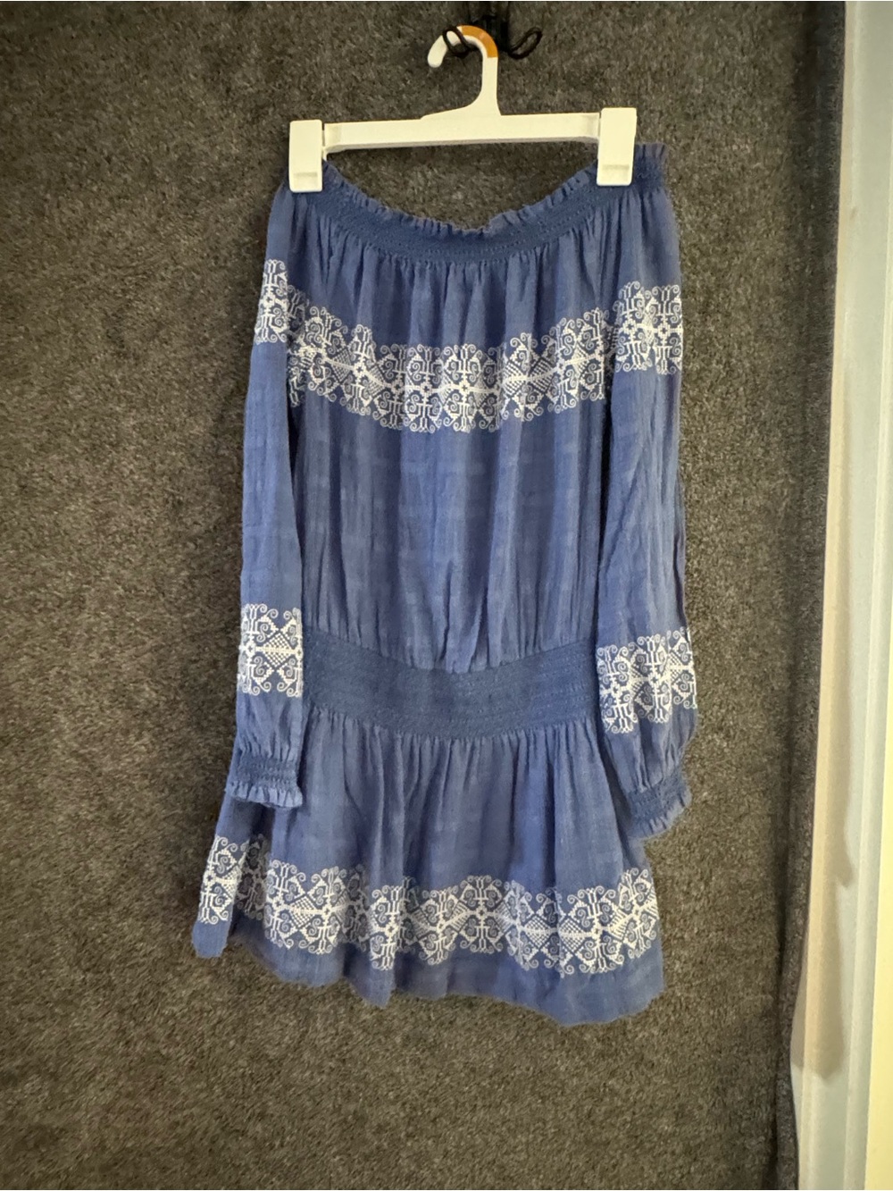 Tory Burch Blue Off-Shoulder Embroidered Long-Sleeve Dress